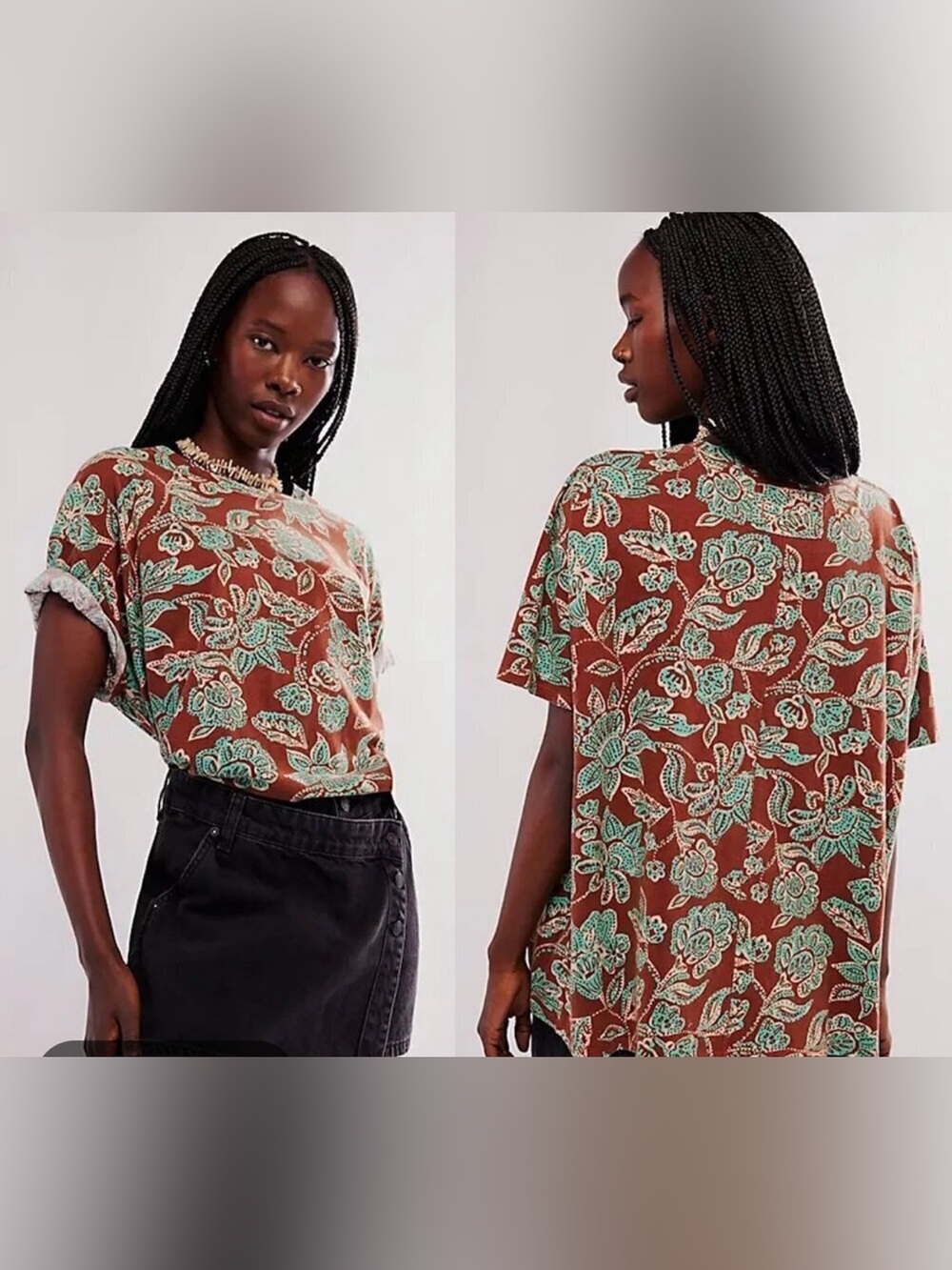 We The Free By Free People Short Sleeve Nina Printed Shirt Brown Oversized Large